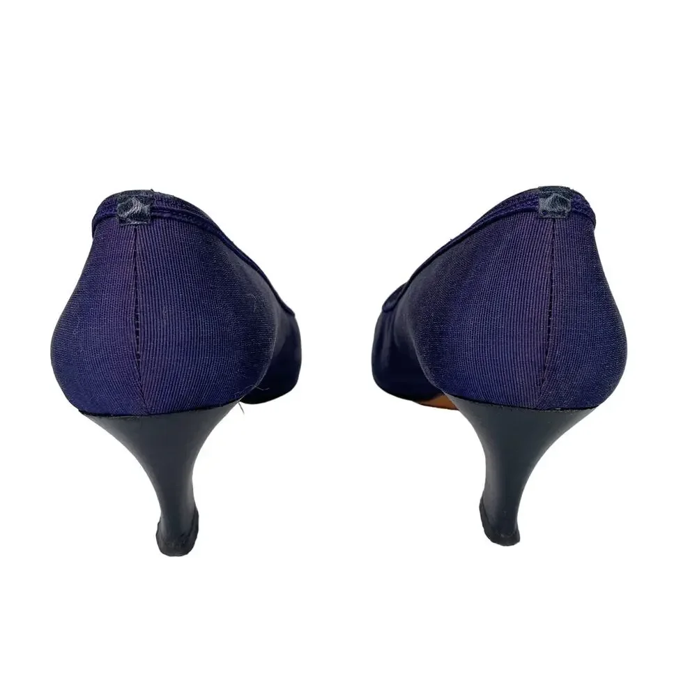 Yves Saint Laurent YSL Vintage Ribbed Navy Silk Pumps 7M Heels 2.25